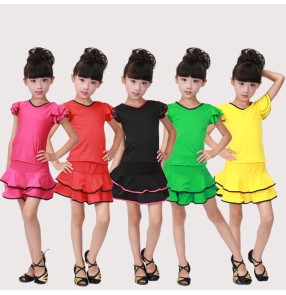 Green red yellow black fuchsia hot pink short sleeves v neck girls kids children stage performance gymnastics latin salsa dance dresses outfits